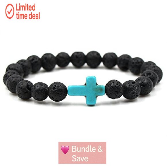Adjustable Lava Stone Stretch Bracelet Set with Cross Beads for Men Women - Picture 3 of 6